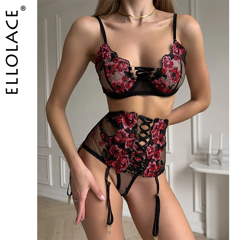 Ellolace-Lencería Sensual bordada, conjuntos de ligas, calzoncillos de lujo, ropa interior delicada erótica caliente, 3 piezas