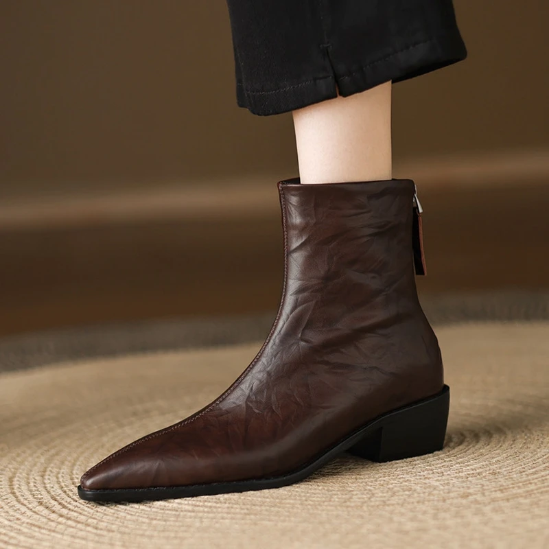 

Women's new autumn leather sheepskin pointed toe thick heel, mid heel large size, back zipper Chelsea short boots fashion boots
