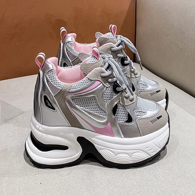 أحذية رياضية نسائية عالية الجودة مقاس 10 سم، أحذية رياضية شبكية خفيفة الوزن قابلة للتنفس للنساء، أحذية رياضية بكعب سميك من الجلد #3