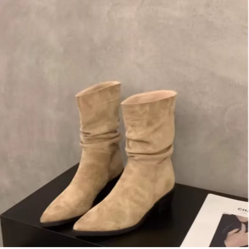 Brown Suede Women Shoes Girls Mid-calf Boots New Style Mid-heeled Pile Boots Luxury Black Short Boots Ankle Shoe Elegant 2025