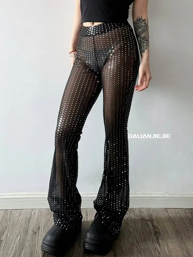 Shiny Transparent Pants Mesh Lace Sequin Pants Women Spring/Summer Spicy Girl Casual Flare Pants Black Sweet Women 71SY