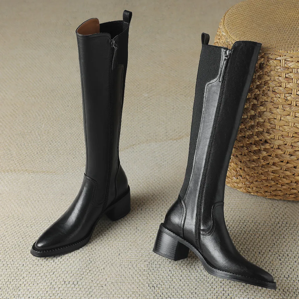 Women\'s genuine leather elastic fabric patchwork winter knee high boots side zip pointed toe 5cm thick med heel casual long boot