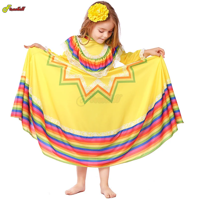 

Girls Traditional Folk Mexican Cosplay Dress Halloween Costume Kids Mexico Carnival Birthday Party Fancy Flamenco Dance Skirt