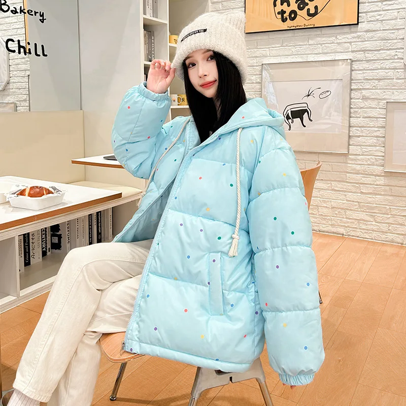 Korean Style Polka Dot Hooded Cotton Coat for Women New Loose Long Sleeve Thick Warm Bread Jacket Winter Sweet Parkas Outerwear