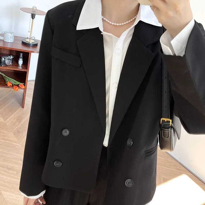 Spring Women Korean Casual Short Blazer Notched Collar Double-breasted Long Sleeve Black Mustard Yellow Beige Ladies Suit Jacket