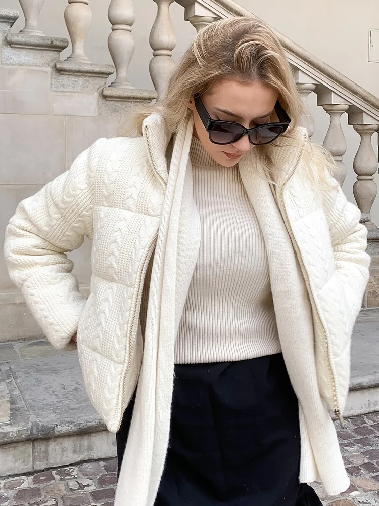 TRAFZA 2024 Woman Zipper Pocket Cotton Clothes Women Knitted Thick Coat Stand Collar Long Sleeve Loose Winter Short Jacket