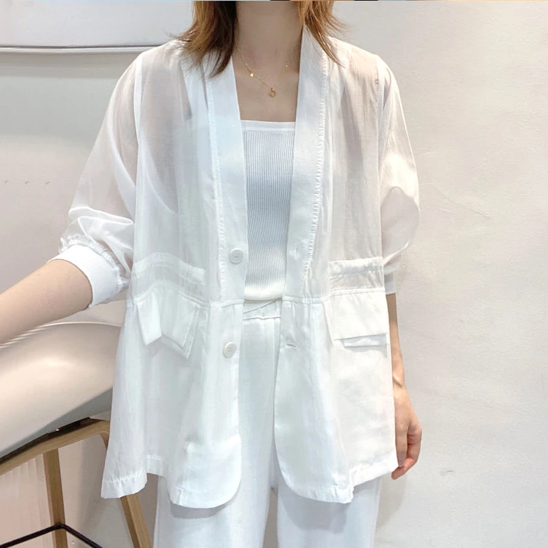 Adjustable Waist Feature V-neck Pockets Button Coats Spring Summer Thin Loose Three Quarter Sleeve Women\'s Clothing 2023 Solid