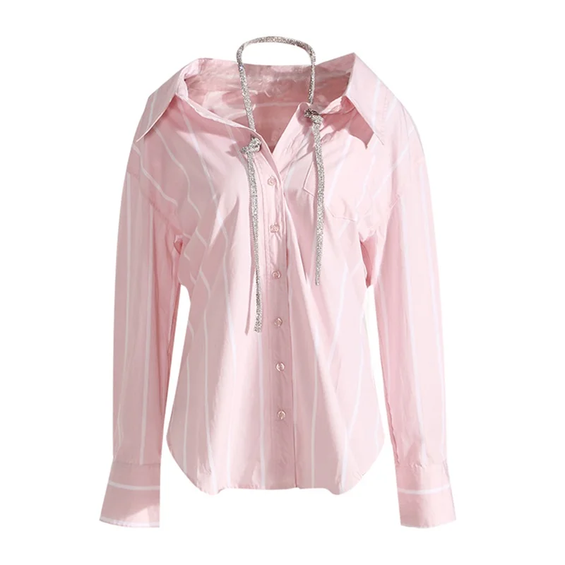 

Hanging Neck Shiny Chain Women Shirt Gorgeous Lapel Stripe Blouse Loose Single Breasted Pink Blue Long Tops New Arrival In Stock