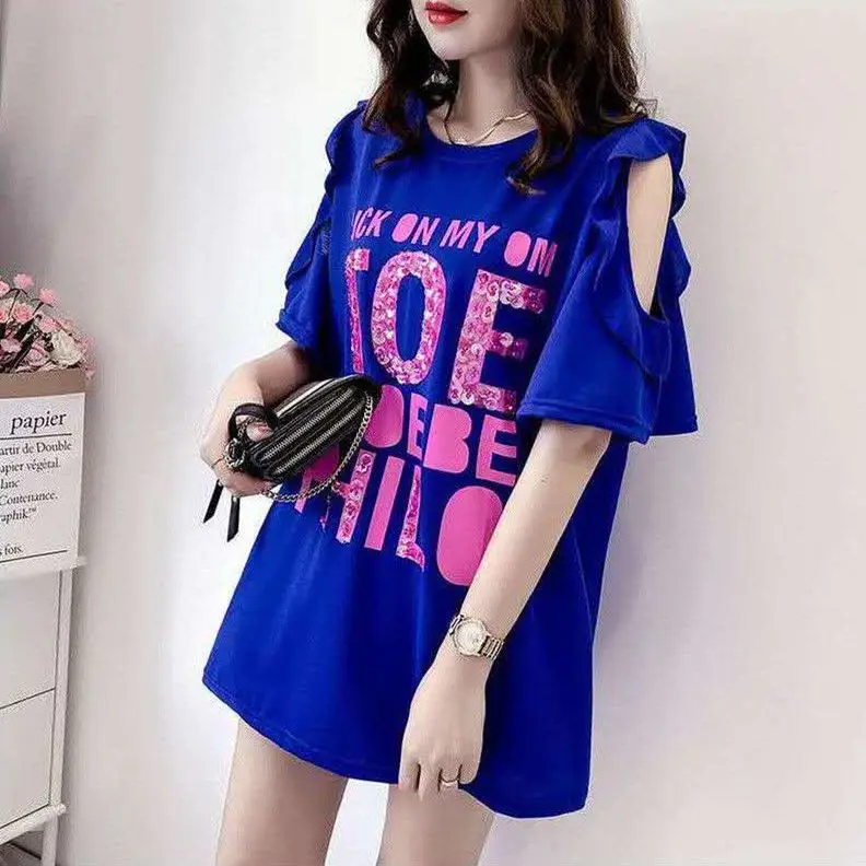 Women\'s T-shirt Graphic Blue Summer Outfit Baggy Top Female Glitter Sequin Long Short Sleeve Rhinestone Clothing Trending Emo