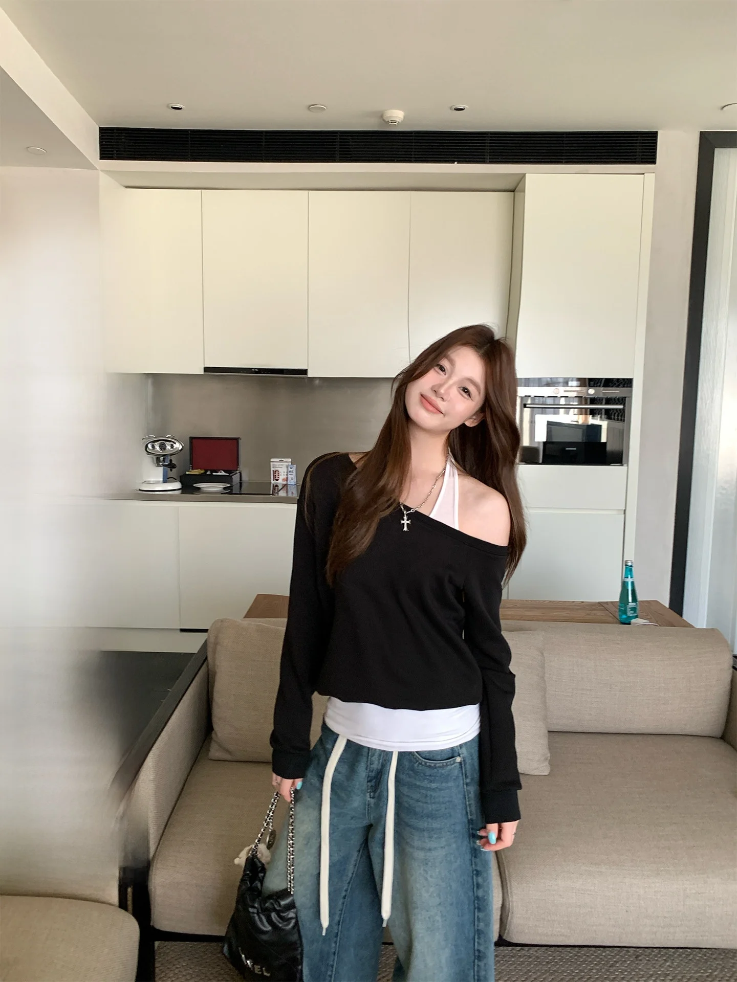 

Женский свитшот TeeH Clean Fit с открытыми плечами, свободный повседневный укороченный топ с эффектом двухслойности, корейский стиль