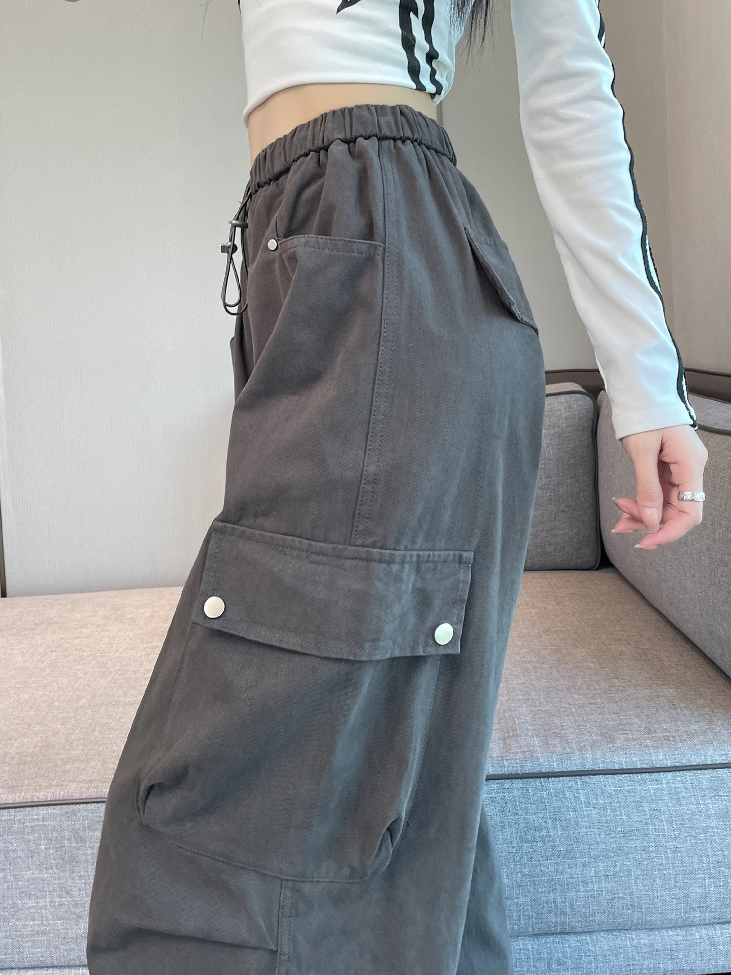 

Стильные серые брюки для уличных танцев для женщин, весна-лето, маленький размер, прямые или широкие штанины, повседневные брюки