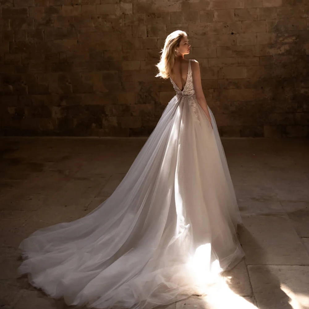 Exquisite V Neck Applique Wedding Dresses For Woman Sleeveless Side Silt Bridal Gowns Soft Tulles 2025 New vestidos de noviaEla