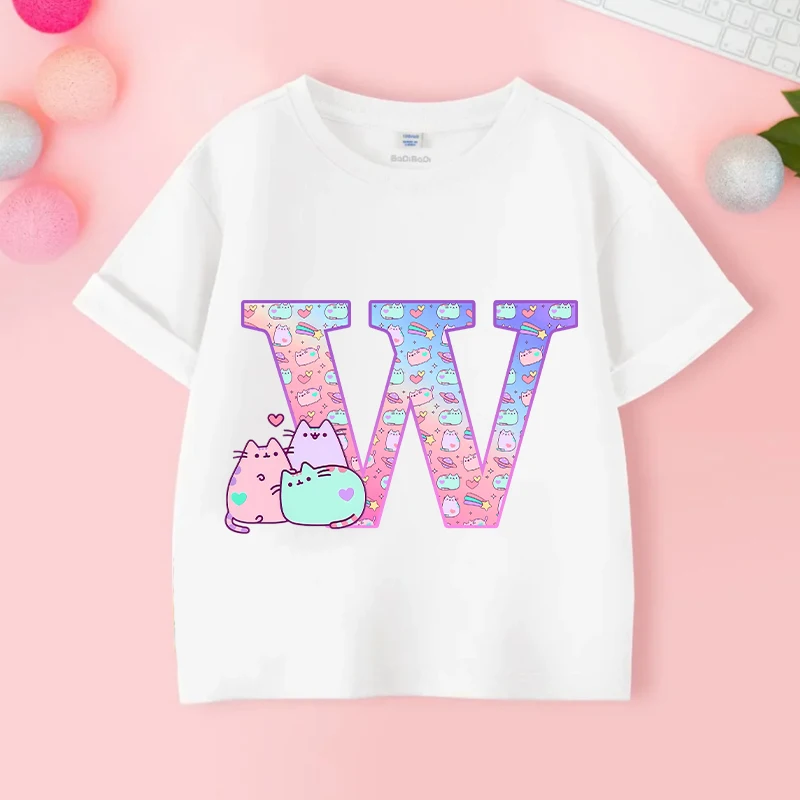 Pusheens Letter A-Z T-shirt Girls Anime Cat Tees Kids Summer Clothes Outdoor Sport Tops New Short Sleeve Children Gift Hot Sales