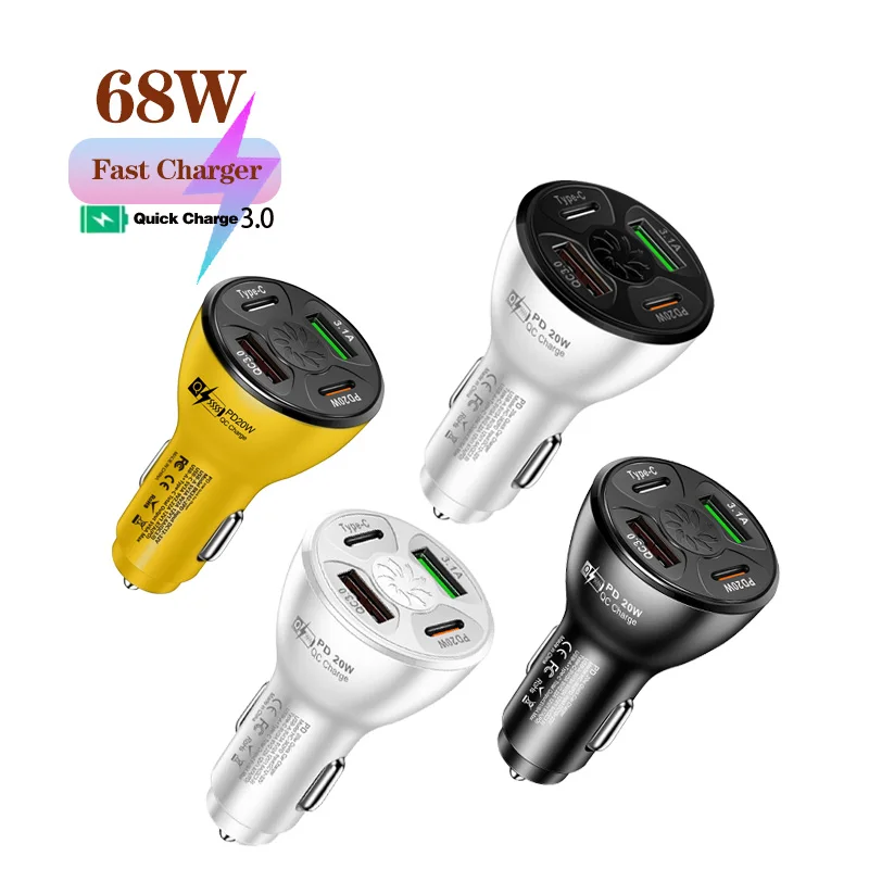 

68W 4Port Car Super Fast Charger QC3.0 PD30W Digital Real-time Voltage With Color Atmosphere Lamp Car Cigarette Lighter Charger