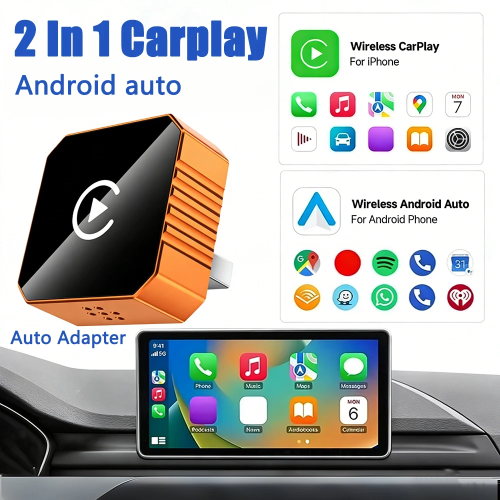 2 in 1 Wireless CarPlay Android Auto Adapter, for iPhone Android Phone Universal Car Multimedia Video Box Fast Connection