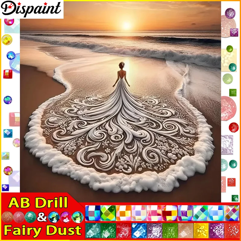 

Dispaint Fairy Dust AB 5D Diy Diamond Painting Cross Stitch "Portrait Beauty Beach Sunset" Home Decor Full Diamond Embroidery