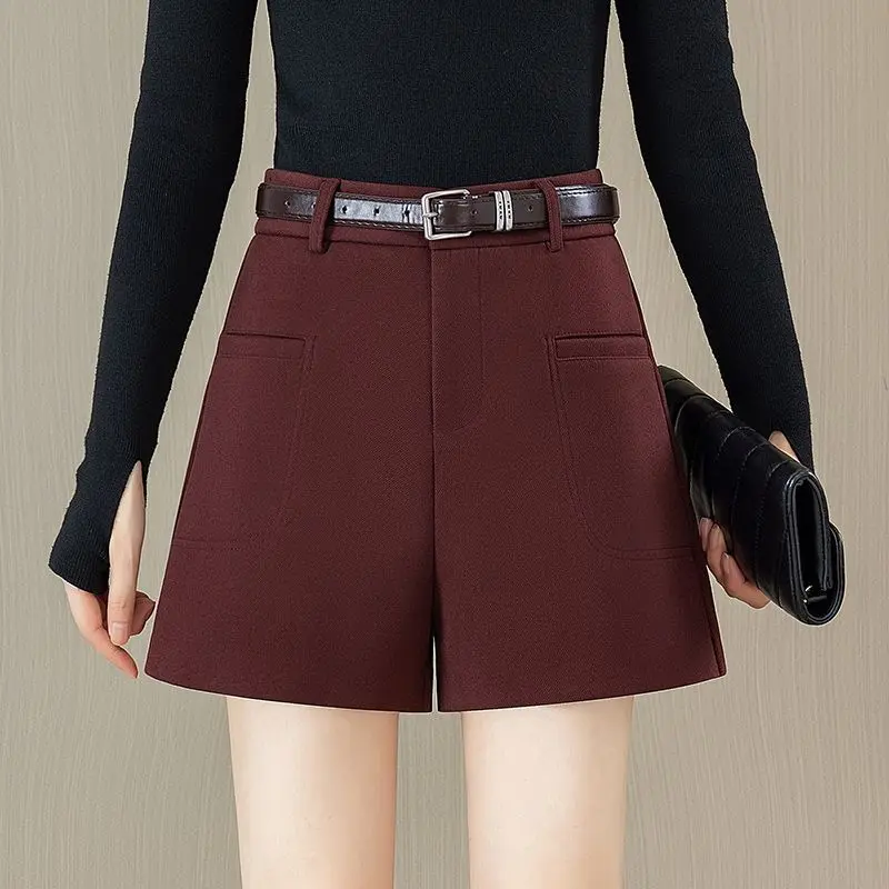 

Красные шерстяные шорты Ankora для женщин осенью и зимой, новые свободные утягивающие широкие брюки с высокой талией, повседневные брюки