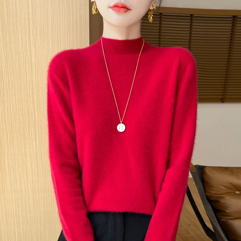 Autumn And Winter New 100% Pure Wool Sweater First-Line Ready-To-Wear Loose Semi-High Neck Pullover Knitted Bottoming Shirt