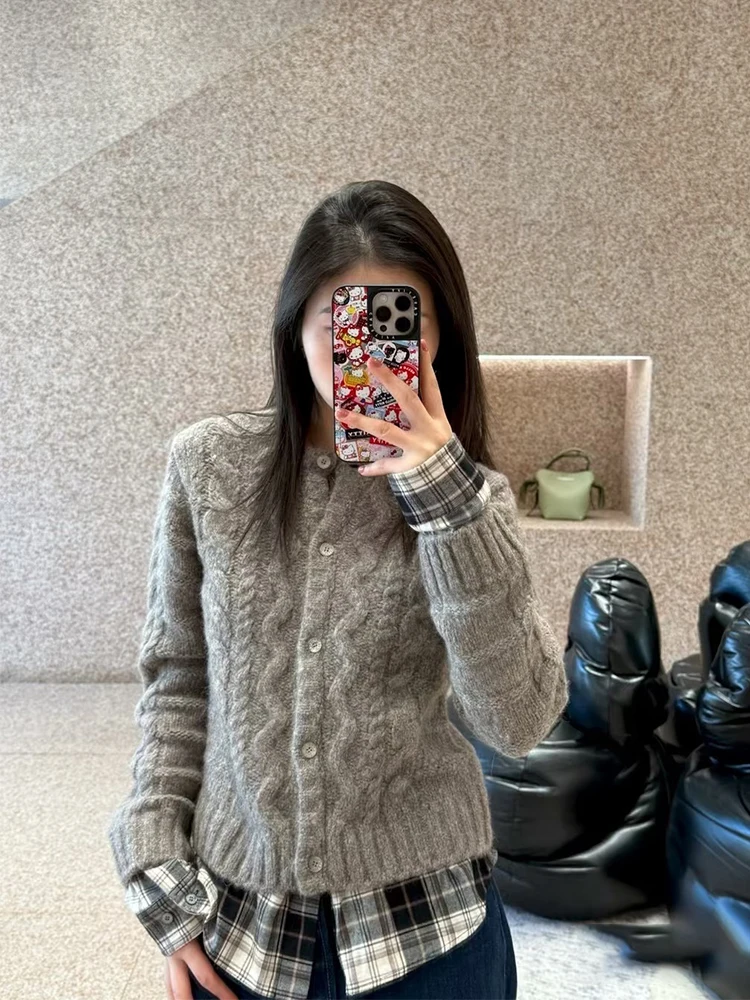 

Loose Women's Knitted Cardigan Plaid Splicing Twist Casual Sle Long Sve Warmth Collar Button Warmth Outerwear Top