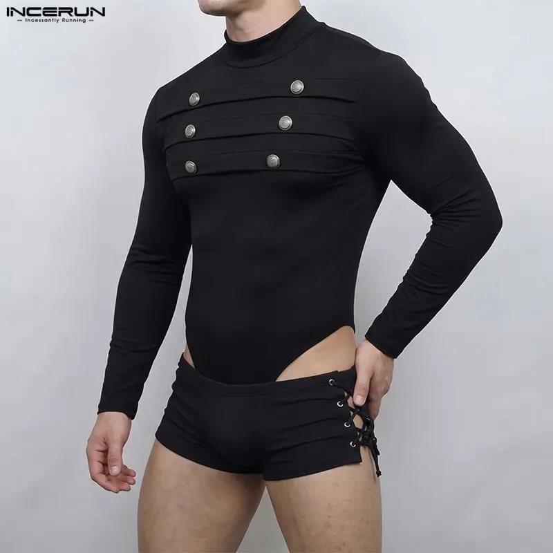 Men Bodysuits T Shirt Turtleneck Long Sleeve Button Sexy Streetwear Rompers For Man Fashion Solid Color Casual Bodysuit INCERUN