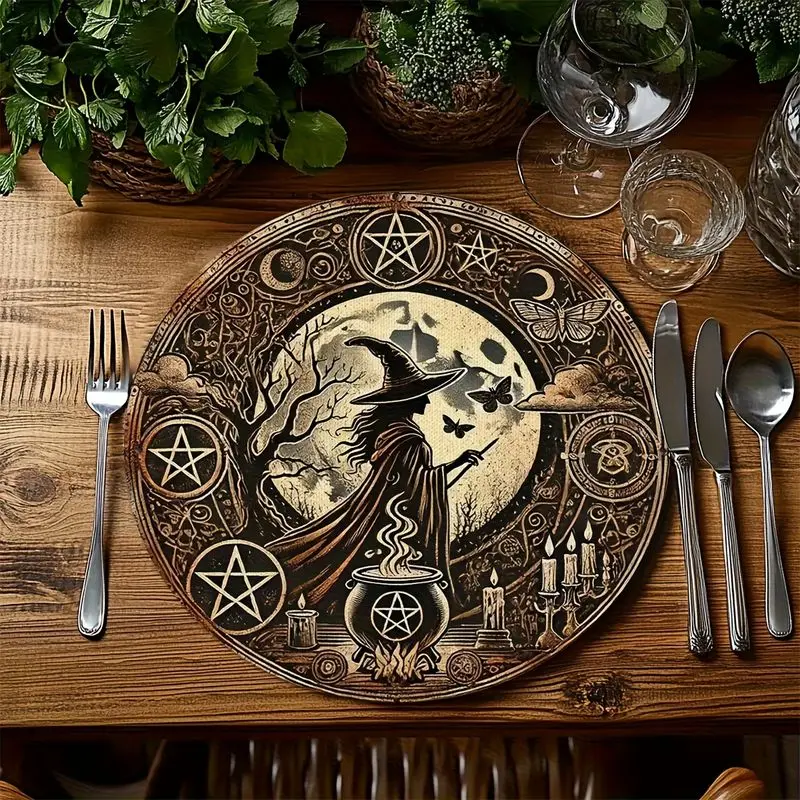VIKAMA Retro Witch Pentagram Round Linen Table Mat Insulation Table Mat Gothic Dark Halloween Western Food Mat Table Decoration