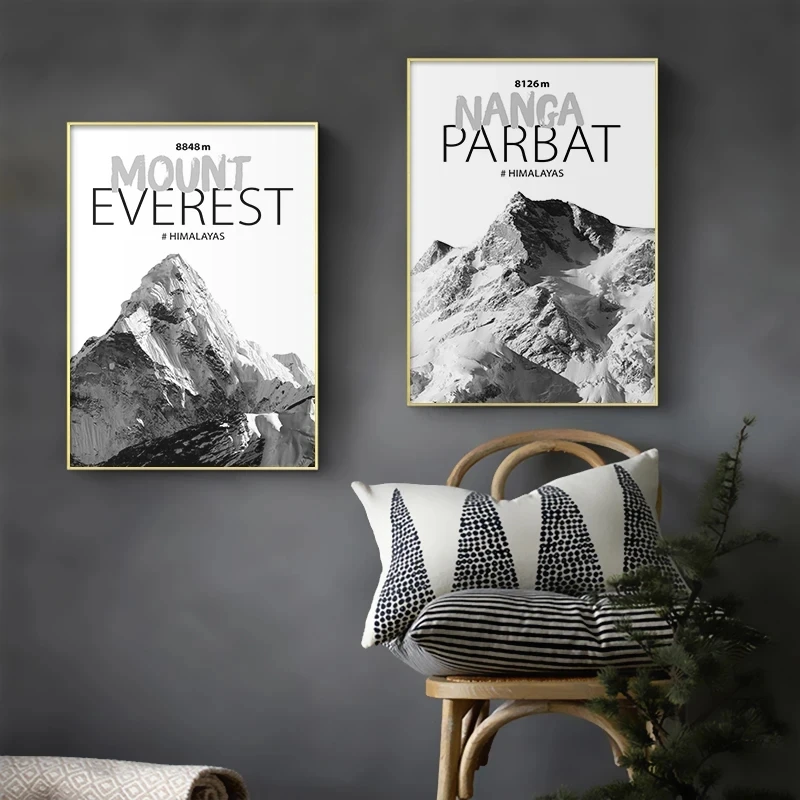 (Sans cadre) Affiche de paysage noir et blanc, peinture sur toile, Mont Blanc, Nanga, Parbat, Mont Everest, tableaux muraux imp