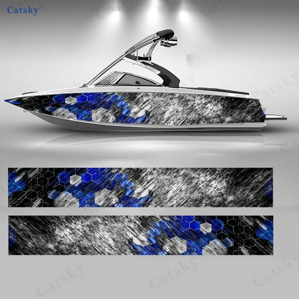 

2Pcs Blue & Grey Honeycomb Rain Boat Stickers, PVC Waterproof Vinyl Wrap Decals for Fishing Boats, Durable and Stylish Design