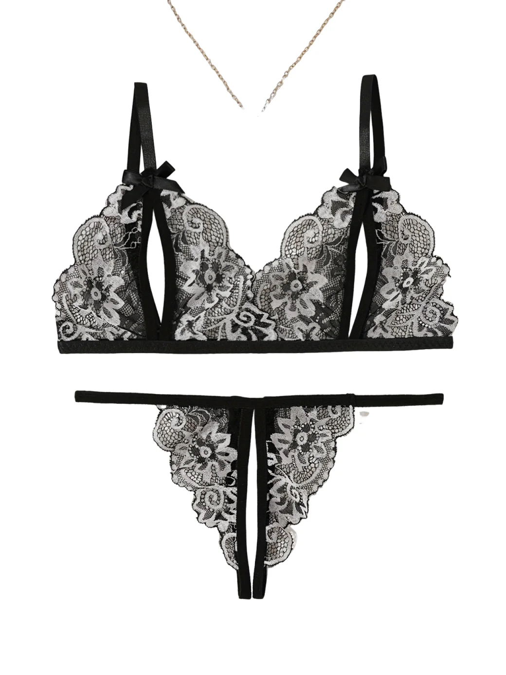 Sexy Red Floral Lace Lingerie Set Triangle Bra with Bowknot Open Crotch Thong Underwear Adult Nightwear for Women