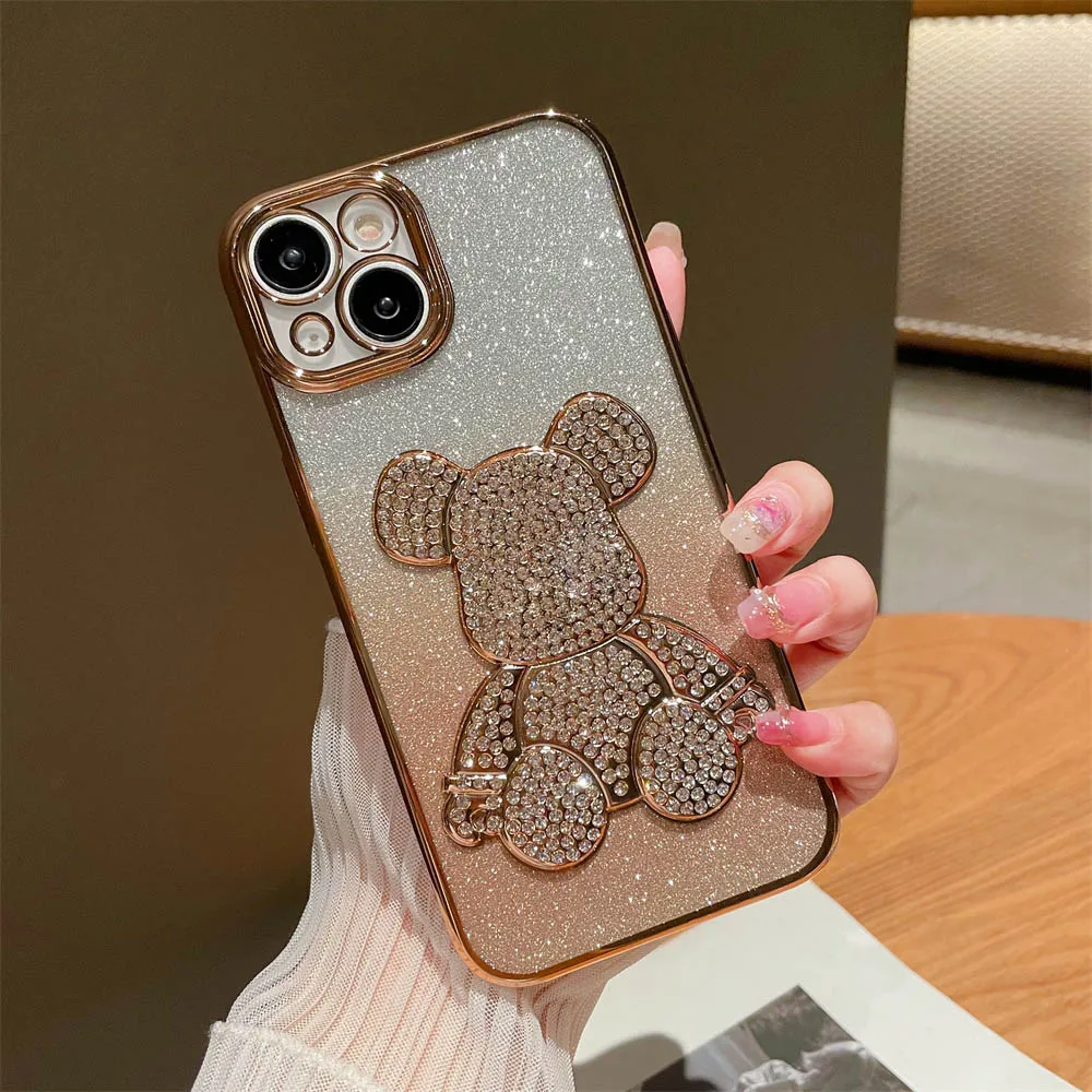 Fashion Crystal Bear Clear Phone Case for iPhone 15 14 13 12 11 Pro Max 14 Plus Plating Frame Gradient Glitter Shockproof Cover