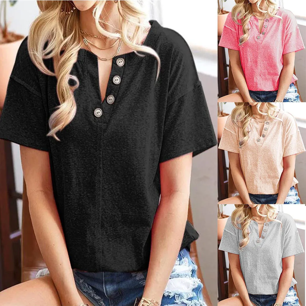 

Summer 2023 Women'S New V-Neck Solid Color Patchwork Loose T-Shirt Short Sleeve Top Woman Fashion Casual Versatile Female & Lady