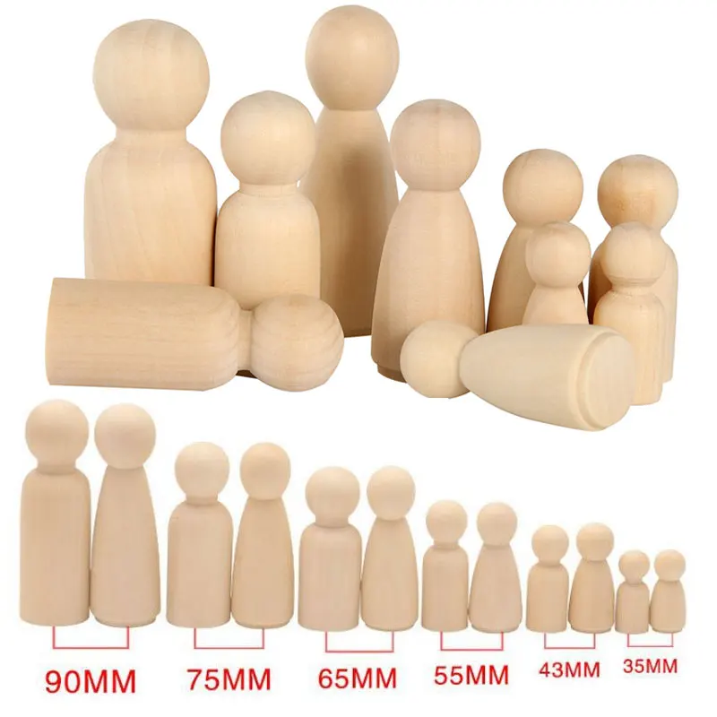 

1-10Pcs Wood Peg Dolls Natural Unfinished Wooden DIY Crafts Peg Doll for Painting Handicrafts Decorative 35/43/55/65/75/90/120MM