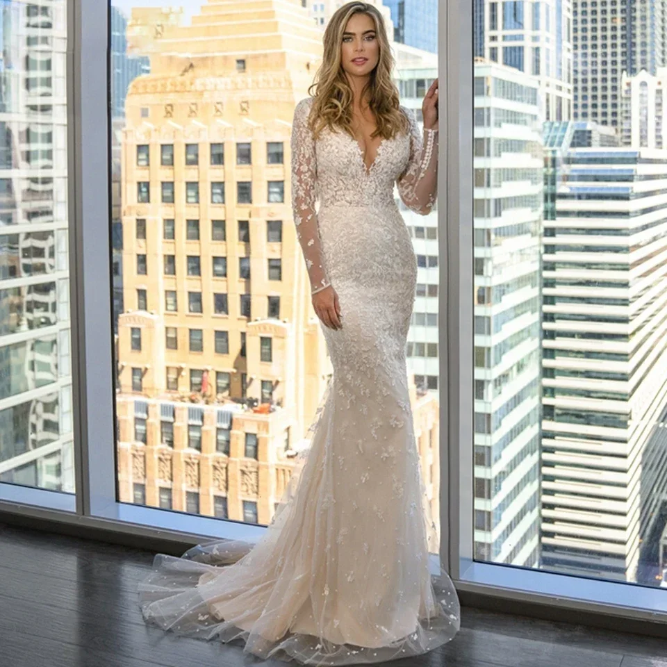 Elegant Ivory Mermaid Wedding Dress Detachable 2-In-1 Chiffon Decal Women's Wedding Dress Sexy V-Neck Bridal Gown Customized