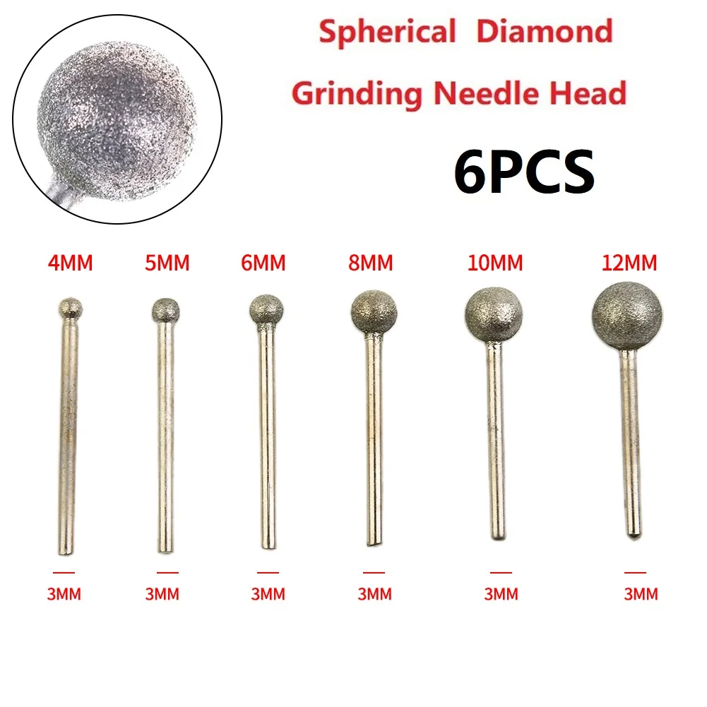 6pcs Diamond Round Ball Burr Drill Bit Set For Carving Engraving Drilling 4/5/6/8/10/12mm Grinding Needle Head Rotary Tool