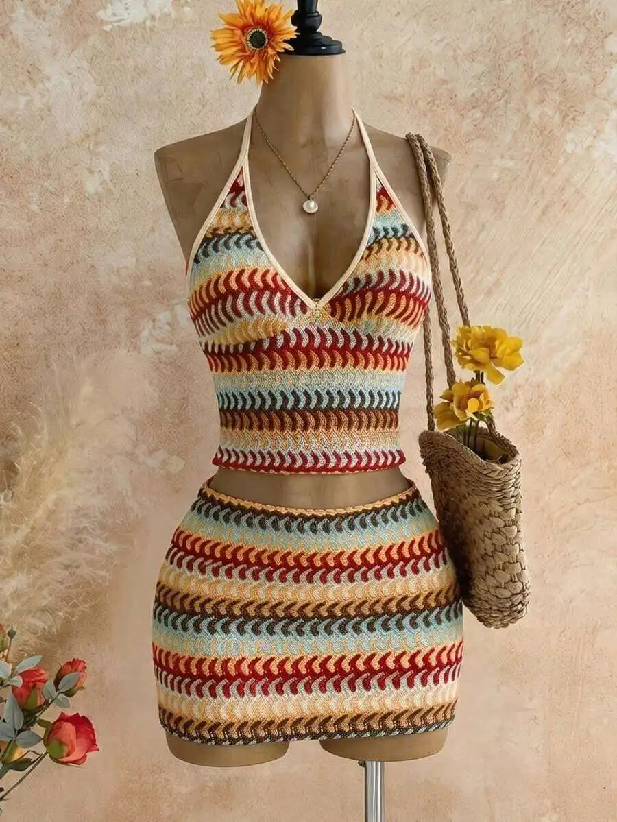 Womens 2-Piece Vacation Set: Halter Neck Floral Top & Matching Skirt, Beach Summer Outfit