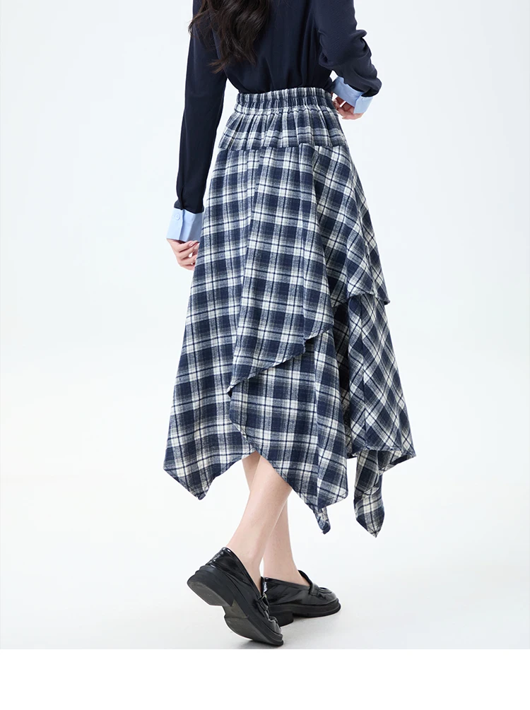 Y2k xadrez midi saia feminina coreano design irregular cintura alta uma linha guarda-chuva saia longa magro versátil outono