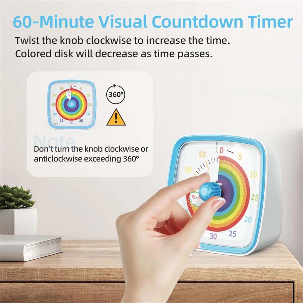 60-Minute Visual Timer with Night Light, Countdown Timer,Pomodoro Timer with Rainbow Pattern for Kids and Adults Blue