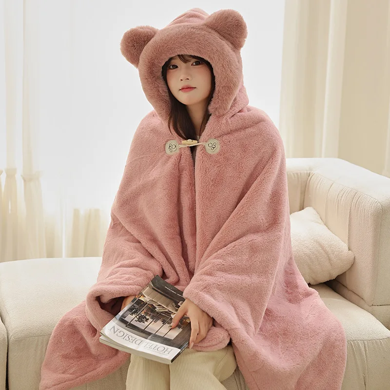 Autumn and Winter Bear Shawl for Adults 120X150Cm Thick Warm Wearable Hooded Blanket Double Solid Color Giant Pocket Blankets