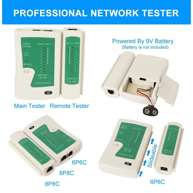 Network Cable Tester RJ45 Crimp Tool Kit Cat5 Cat5e Ethernet Crimping Tool, RJ-11, 6P/RJ-12 Crimp, Cut And Strip Tool