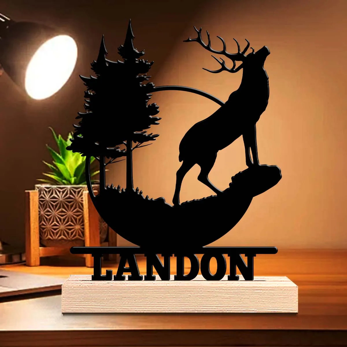 1pc Personalized Desktop Metal Ornaments Custom Name With Wooden Base Housewarming Gift,Metal Ornament Decoration