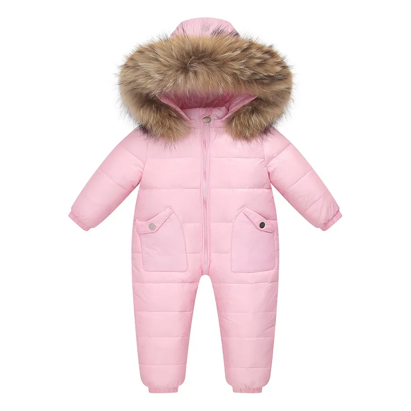 Raise 2024 Winter Newborn Jumpsuit Hooded Real Raccoon Fur Children Girl Winter Overall 1-5 Year Infant Baby Boy Romper Snowsuit