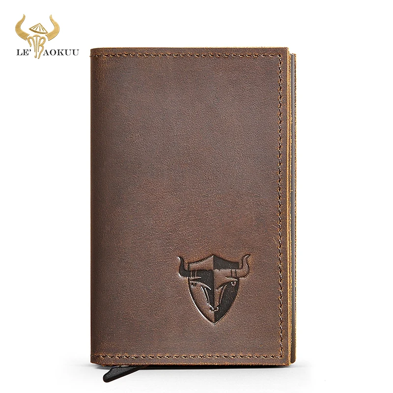 

Hot Sale Crazy Horse Leather Gift Small Rfid Slim Card Airtag Holder Cash Money Mini Handy Snap Wallet Purse For Men Male 1683