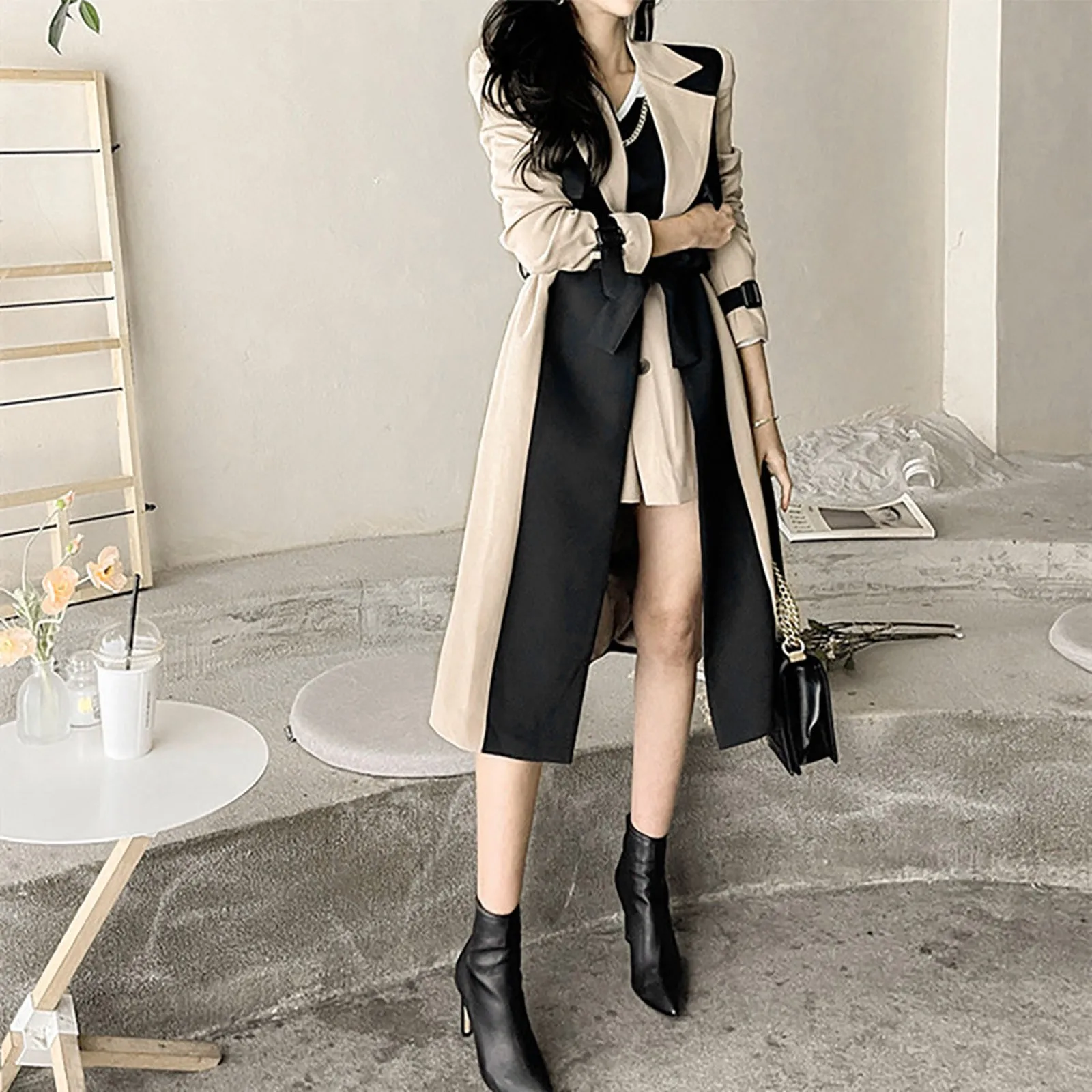 Spring Autumn Ladies Patchwork Windbreaker Full Sleeve Buttons Belted Women Long Trench Fashion Long Jackets Elegant clothes