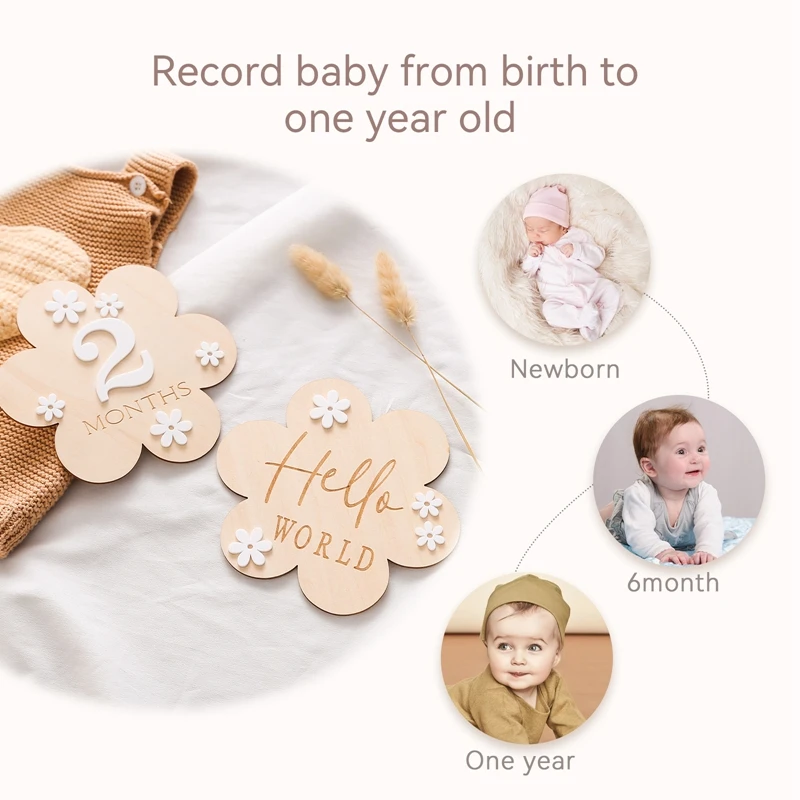 2PCS Baby Flowers Milestone Set Baby Growth Shooting Props DIY Wood Flower-shaped Mileage Tablets Photo Props For Newborn Babies