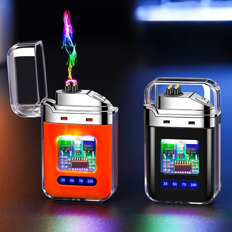 Transparent Shell Electronic Pulse Windproof Dual Arc Charging Lighter Cool Color Light Battery Display Type-C Electric Lighters