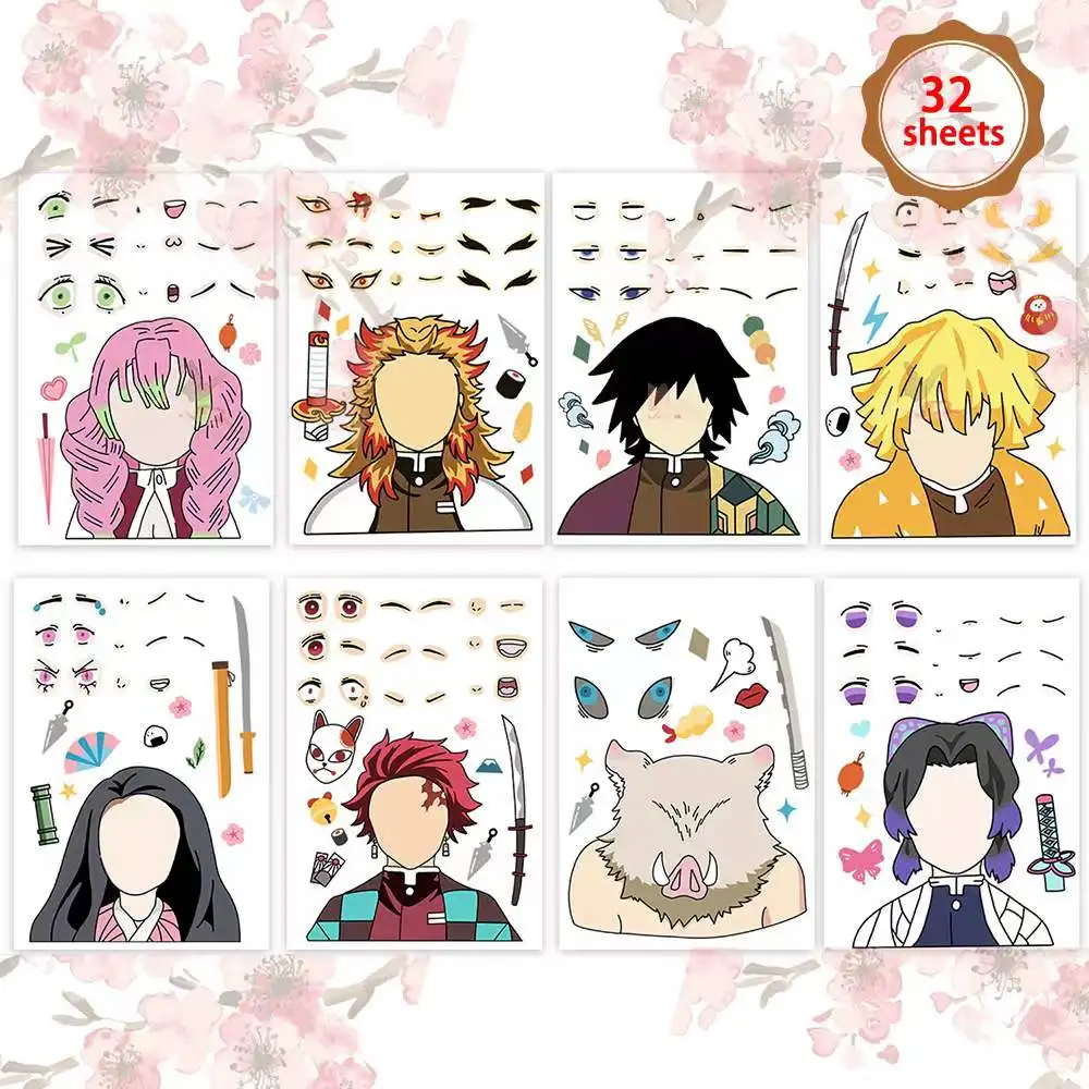 32Sheets Children DIY Puzzle Sticker Demon Slayer Face Funny Assemble Anime Stickers Kids Toys Boys Girls Gifts