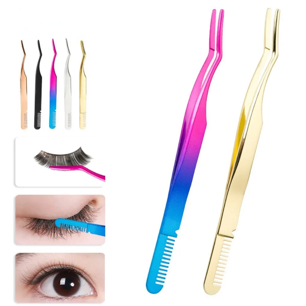 

2in1 Eyelash Tweezers Comb Stainless Steel Anti-Static Non-Magnetic Professional Pincet Lashes Extension Tweezers Makeup Tools