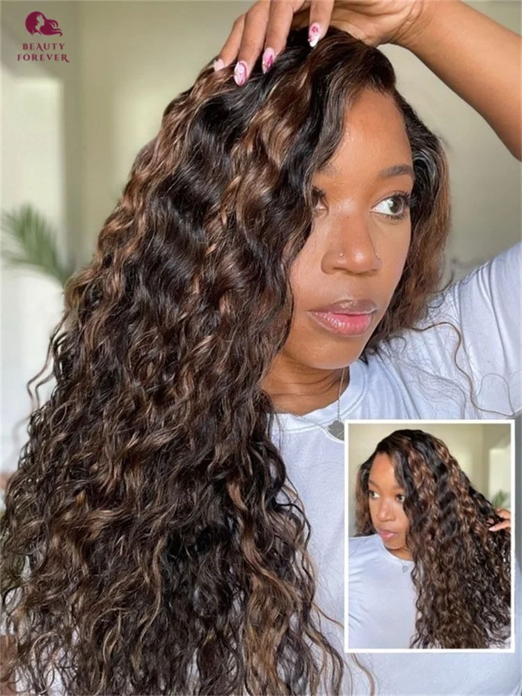

Beautyforever Highlights Brown HD Lace Colored Human Hair Wig Water Wave 7x5 Bye Bye Knots Glueless Wig Put and Go Wavy Wig