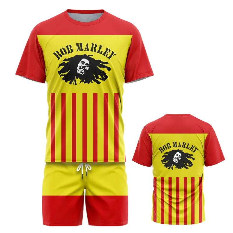 Reggae Rock Singer Bob Mary Jersey Suit Casual Trend Short Sleeve+Shorts Two-Piece Men Oversize Clothes Loose Sportswear