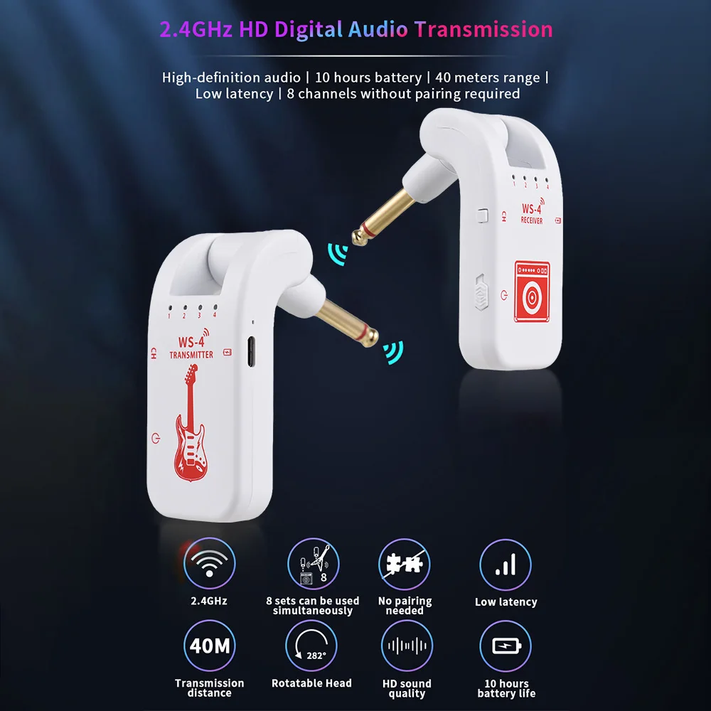 2.4G Wireless Guitar System Rechargeable Guitar Transmitter Receiver Set for Electric Guitar Bass Electric Wind Instruments