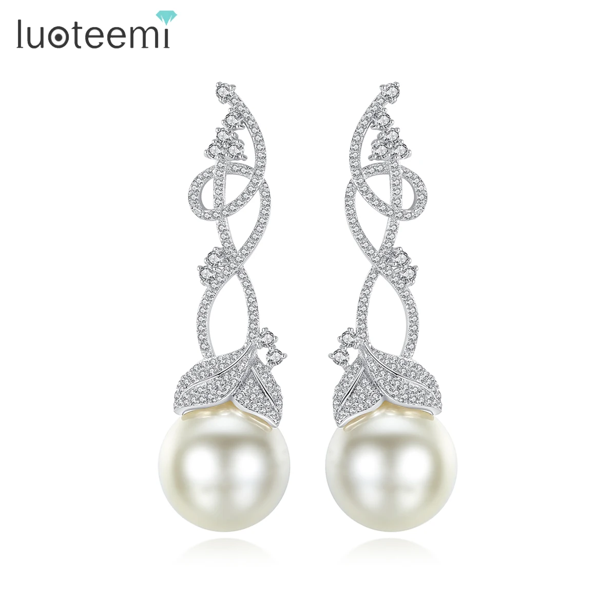 LUOTEEMI Cane Vine Cubic Zirconia Big Imitation Pearl Drop Earrings For Woman Korean Fashion Wedding Bridal Sweet Accessories